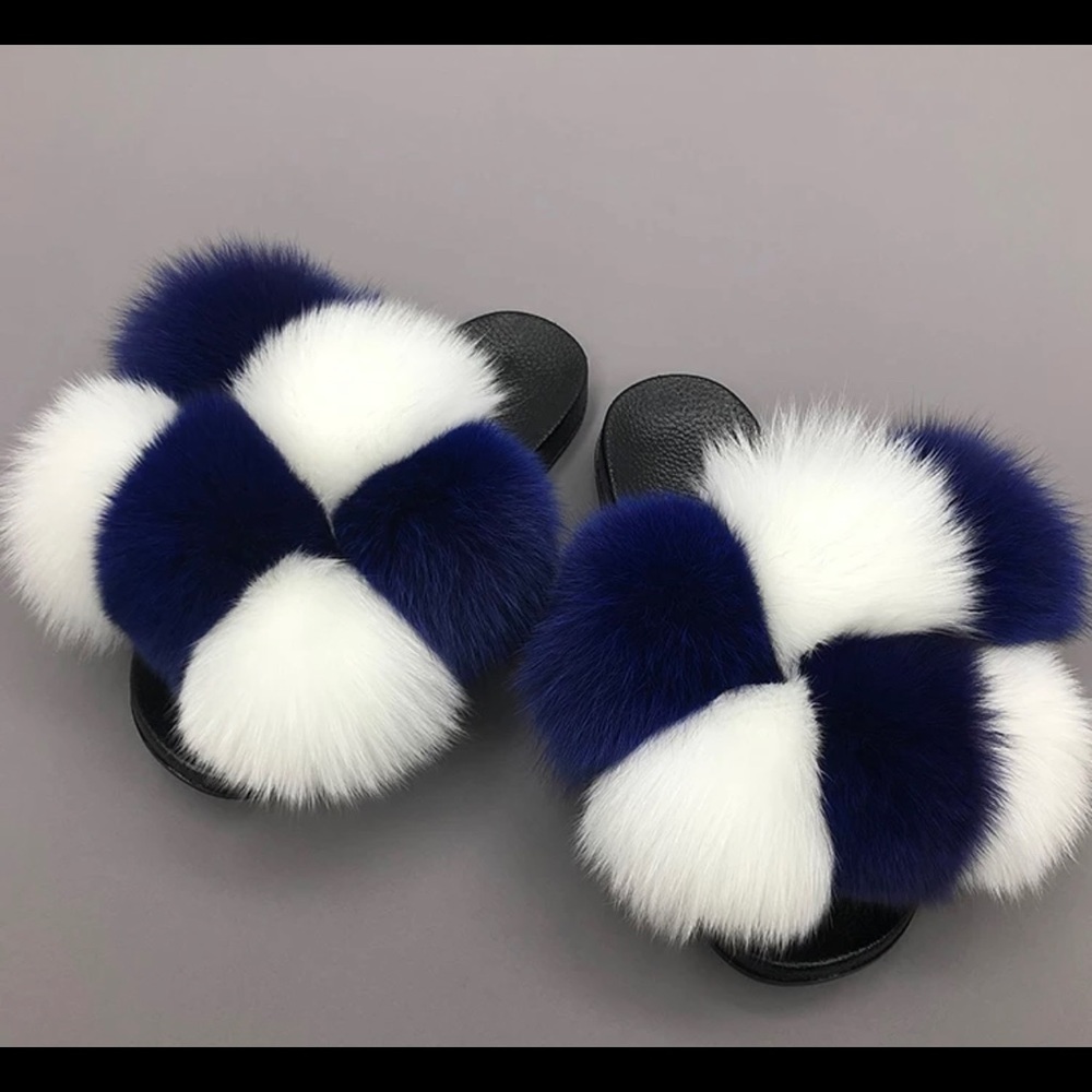 Fur slides ( Navy Blue and White Puff Ball Slides)